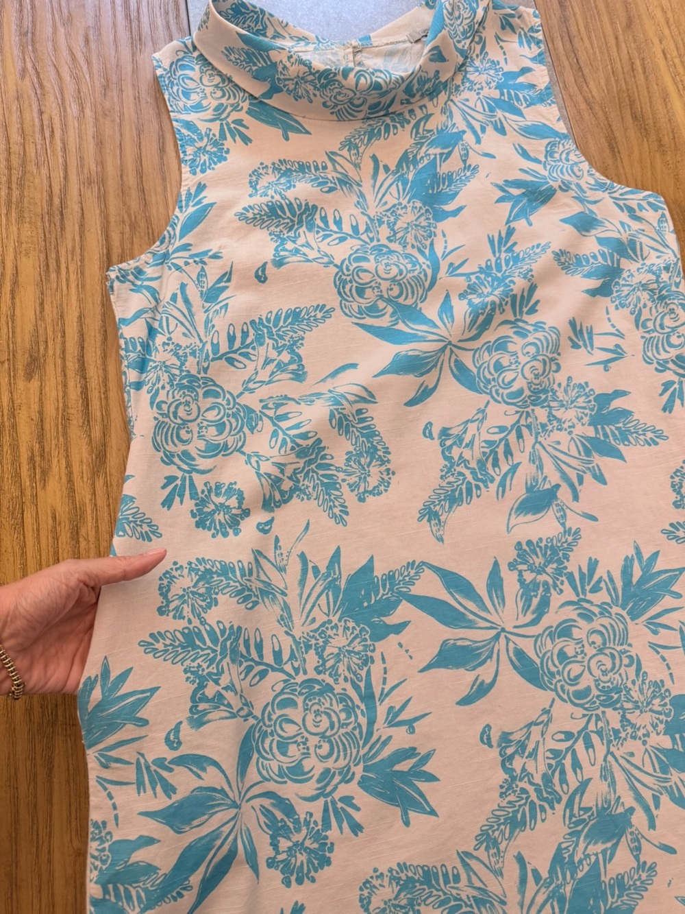 Luisa Perla Blue White Floral Linen Blend Shift Dress Sleeveless Cowl Neck Large - Picture 5 of 11
